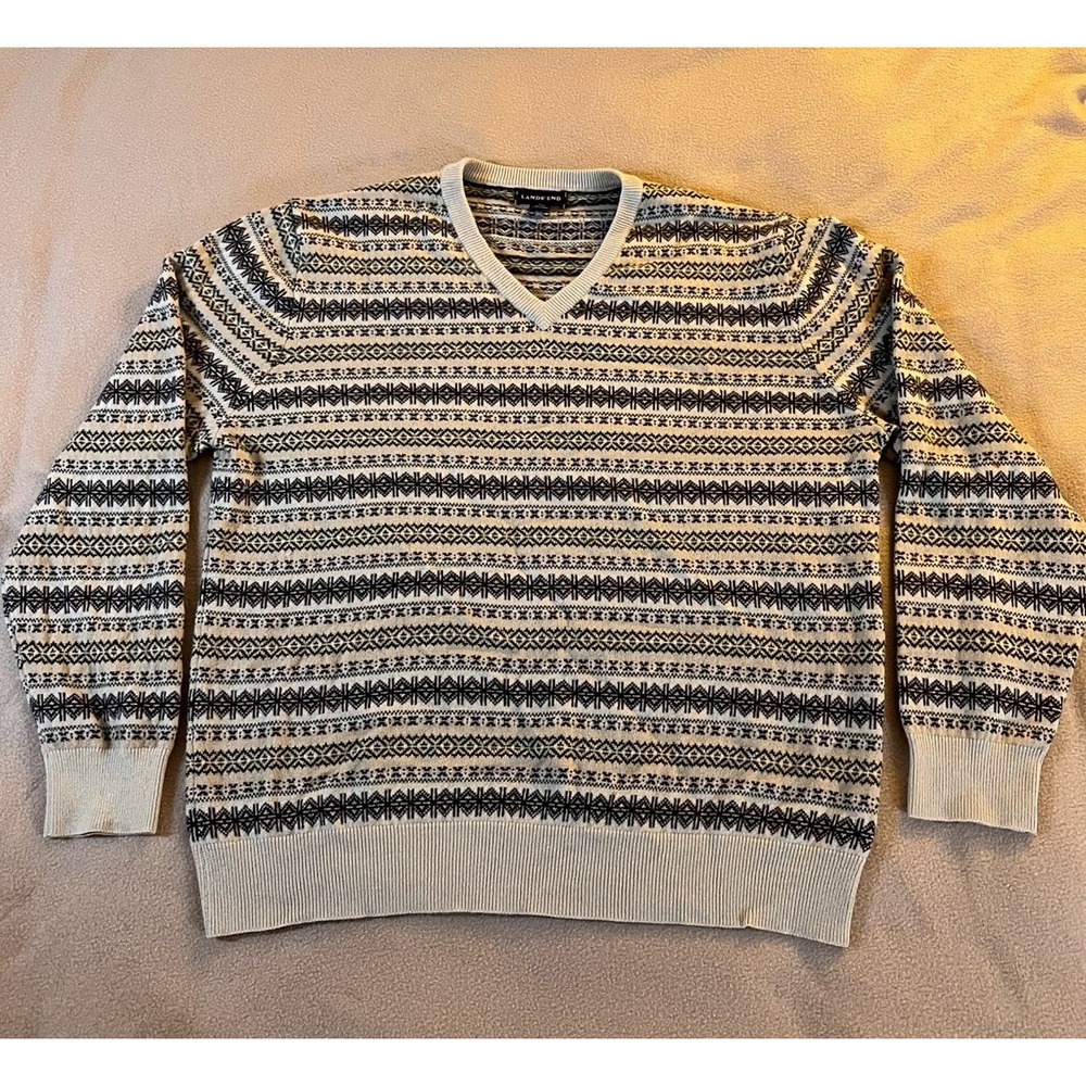 Lands' End 100% Cashmere Sweater Mens L Fair Isle Nordic Pattern Ski Lodge Warm